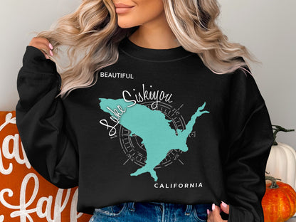 Black sweatshirt with teal outline map of Lake Siskiyou, California.