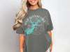 Grey t-shirt with a compass design and turquoise lake map.