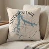 Pillow with Stockton Lake map and compass design in blue and grey.