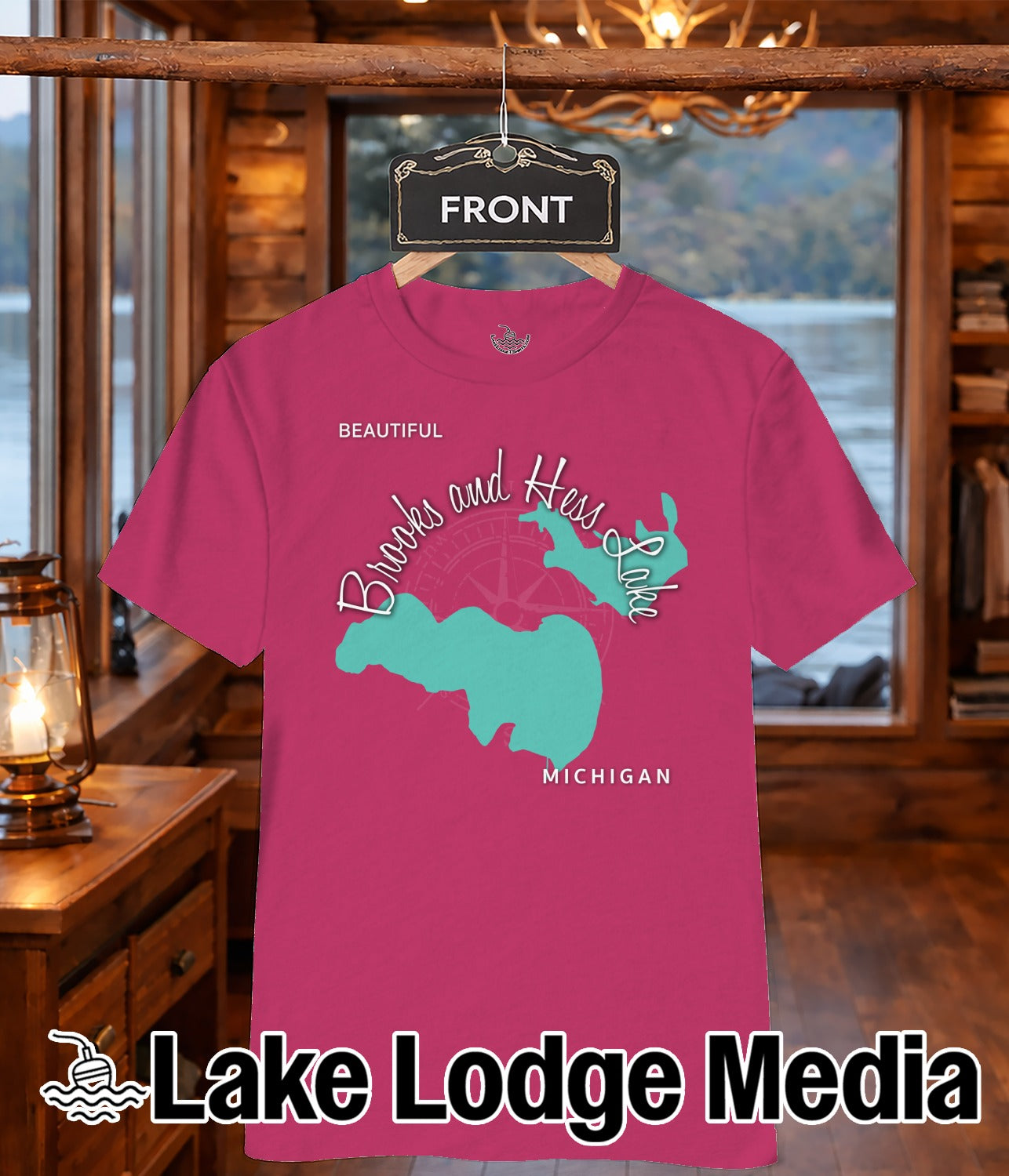 Pink t-shirt with teal map outline of Lake Michigan and text "Brooks and Hess Lake".