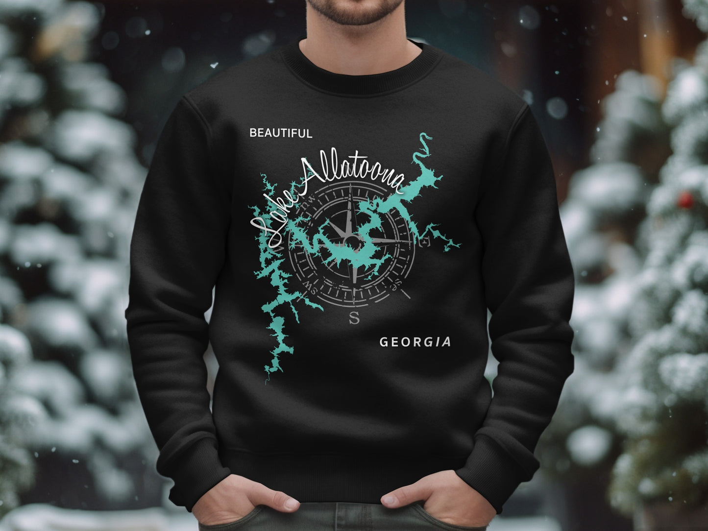 Black sweatshirt with Lake Allatoona map and compass design.