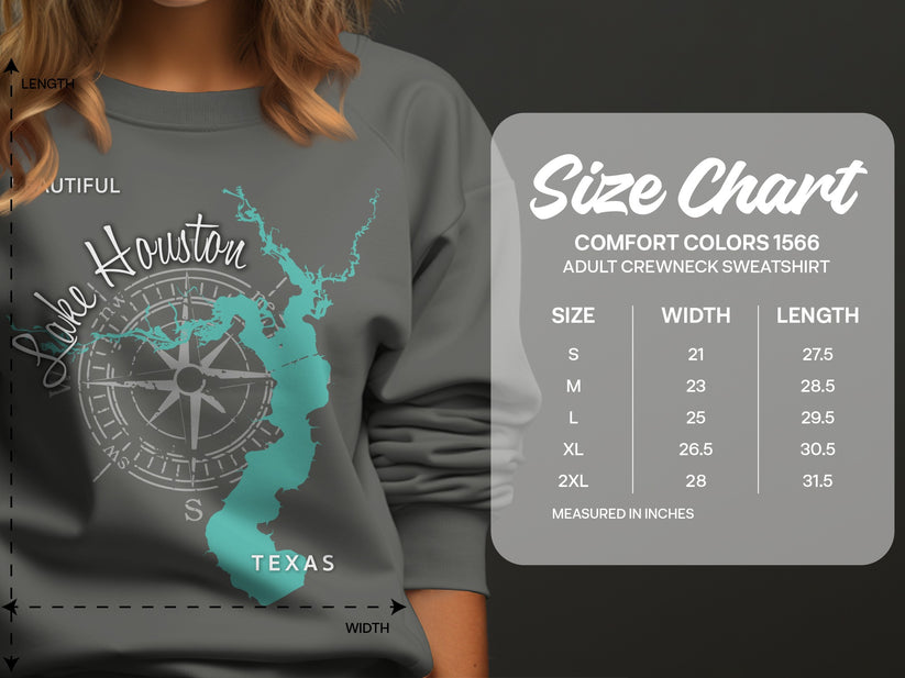 Comfort Colors sweatshirt size chart with Houston Texas map graphic.