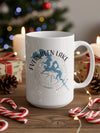 White mug with Evergreen Lake Illinois map and compass design on wooden surface.