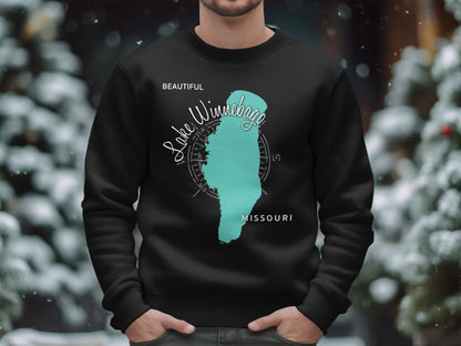 Black sweatshirt with "Lake Winnebago Missouri" map design.