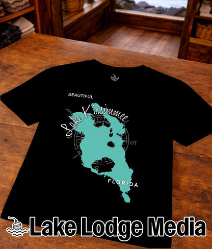 Black t-shirt with teal Lake Kissimmee, Florida map design and Lake Lodge Media logo.