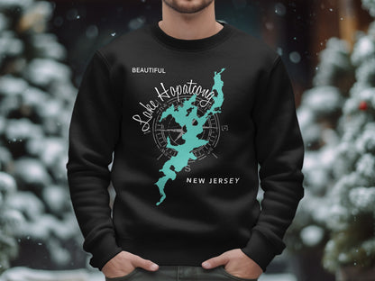 Black sweatshirt with a teal Lake Hopatcong map and compass design.
