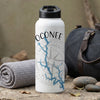 White tumblers with "OCONEE" text, blue lake graphic, and compass rose design.