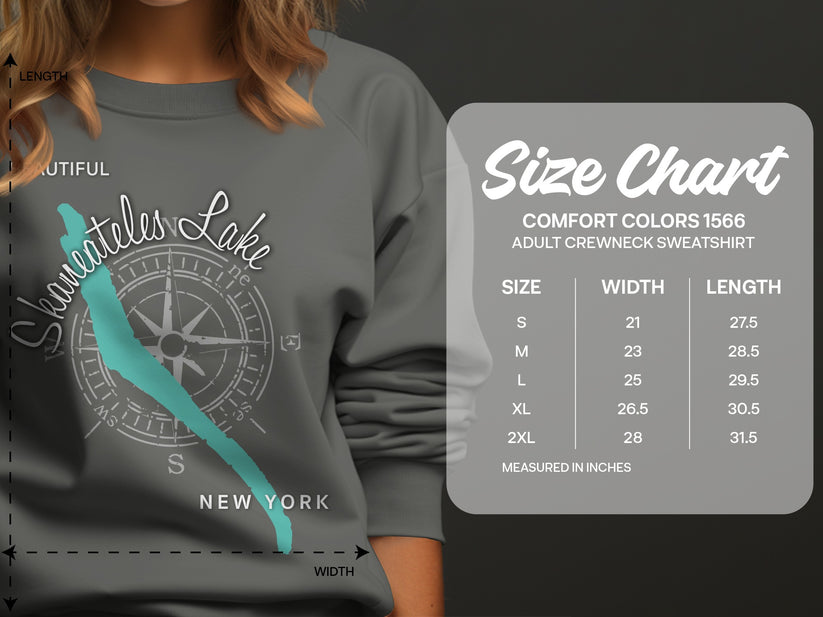 Comfort Colors 1566 adult crewneck sweatshirt size chart for Lake Skaneateles.