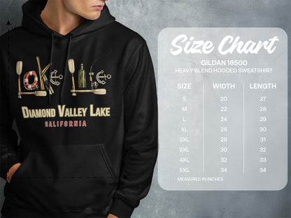 Hoodie with "Diamond Valley Lake California" graphic and size chart.
