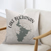 Pillow with Lake Buchanan Texas map and compass design.