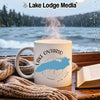 White mug with Lake Ontario map and compass design.