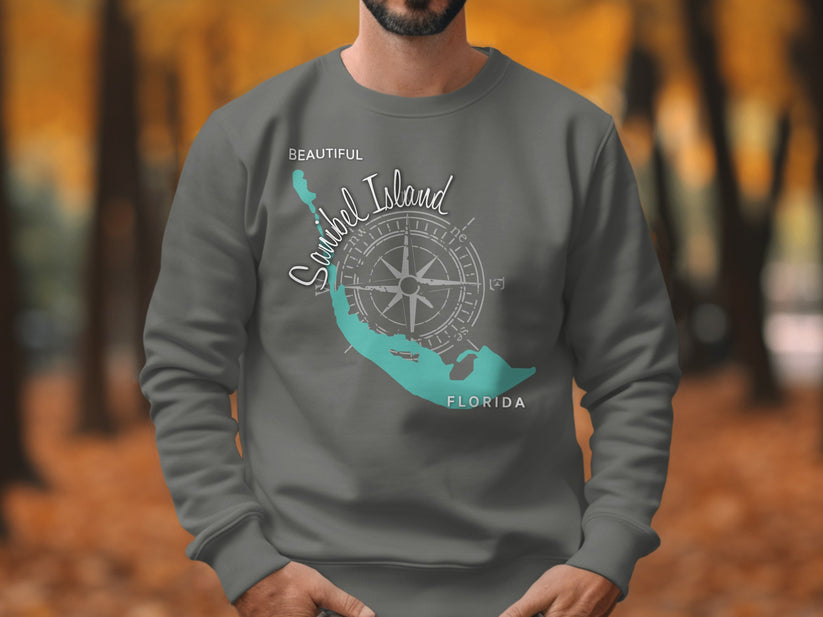 Gray sweatshirt with "Beautiful Sanibel Island Florida" and compass rose map.