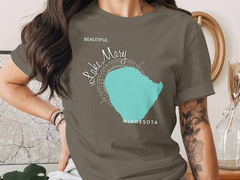 T-shirt with Lake Mary, Minnesota map graphic and compass rose.