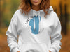 White hoodie with Lake Tahoe map design and California text.
