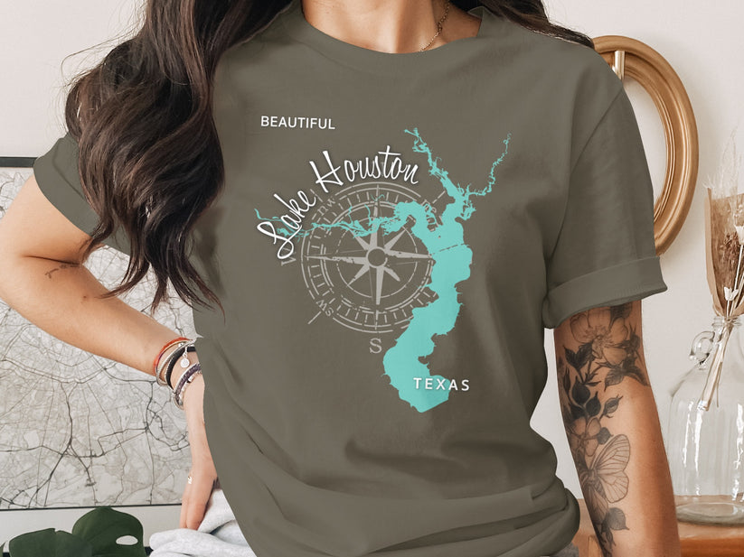 T-shirt featuring a teal map of Lake Houston, Texas and a compass rose.