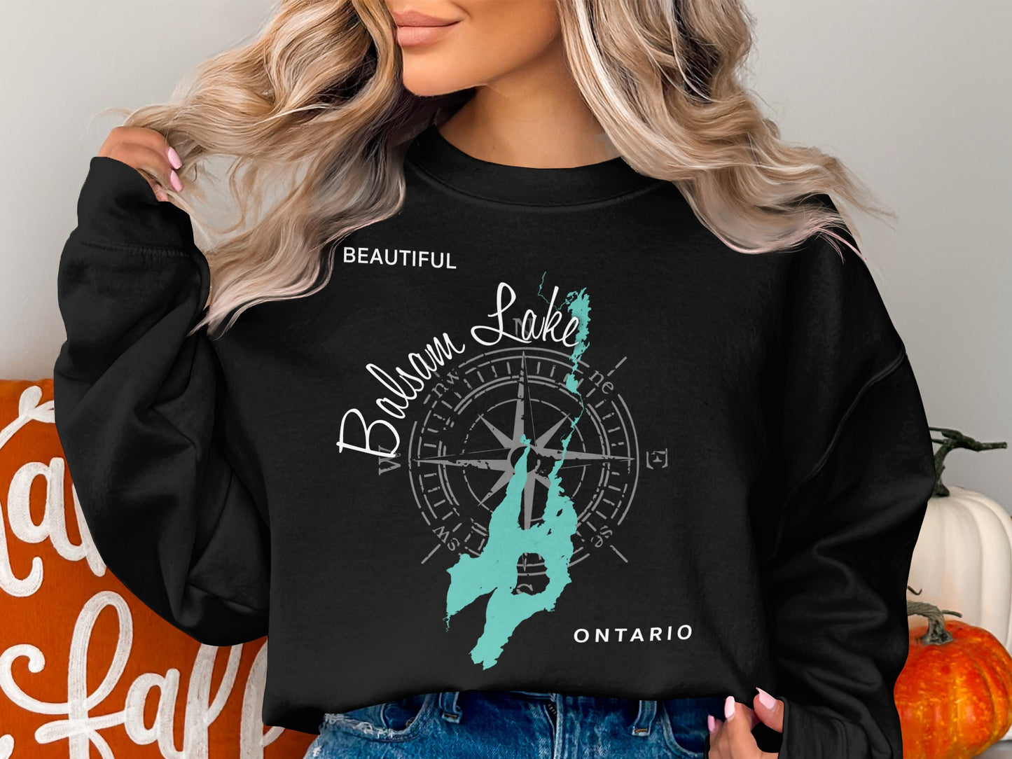 Black sweatshirt with "Balsam Lake Ontario" and compass rose graphic.