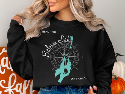 Black sweatshirt with "Balsam Lake Ontario" and compass rose graphic.