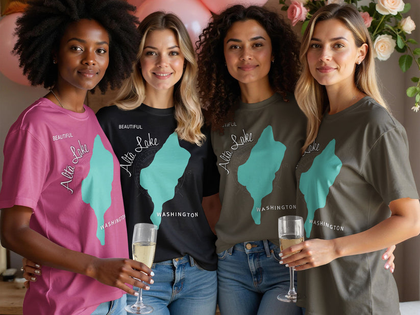 Four women wearing t-shirts with "Beautiful Alta Lake Washington" map design.