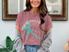 Rose t-shirt with turquoise Pokegama Lake map and compass graphic.