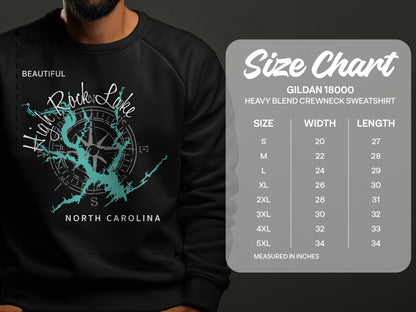 Sweatshirt size chart for Gildan 18000 heavy blend crewneck, with map graphic.