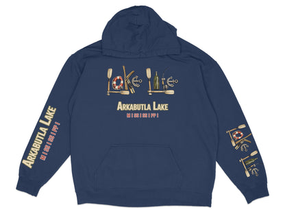 Dark blue hoodie with "Arkabutla Lake Mississippi" graphic and nautical graphics.