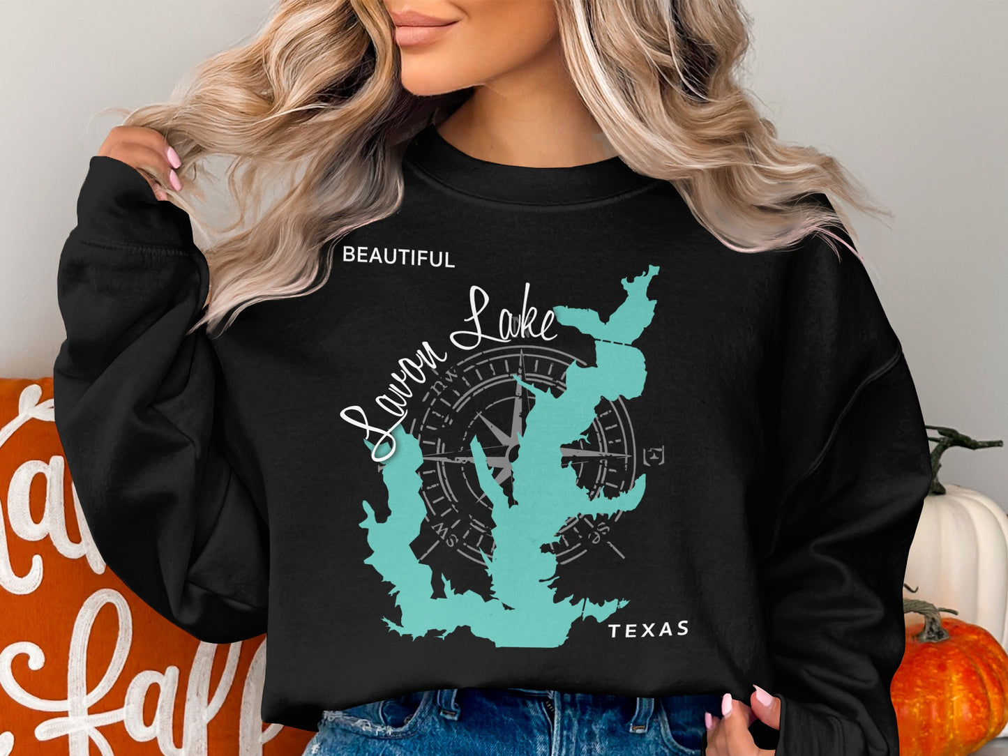 Black sweatshirt with "Love Lake Texas" graphic and compass rose.