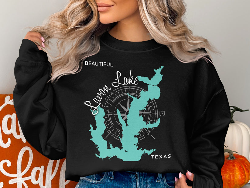 Black sweatshirt with "Love Lake Texas" graphic and compass rose.
