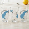 Three clear glasses with blue map of Ross Barnett Lake and compass design.