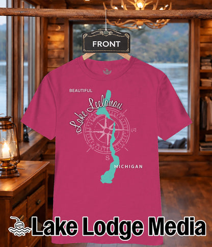 Pink t-shirt with "Lake Leelanau Michigan" compass graphic on the front.