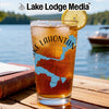 Glass of iced tea with lemon slice, featuring "Lake Lahontan" text and compass design.