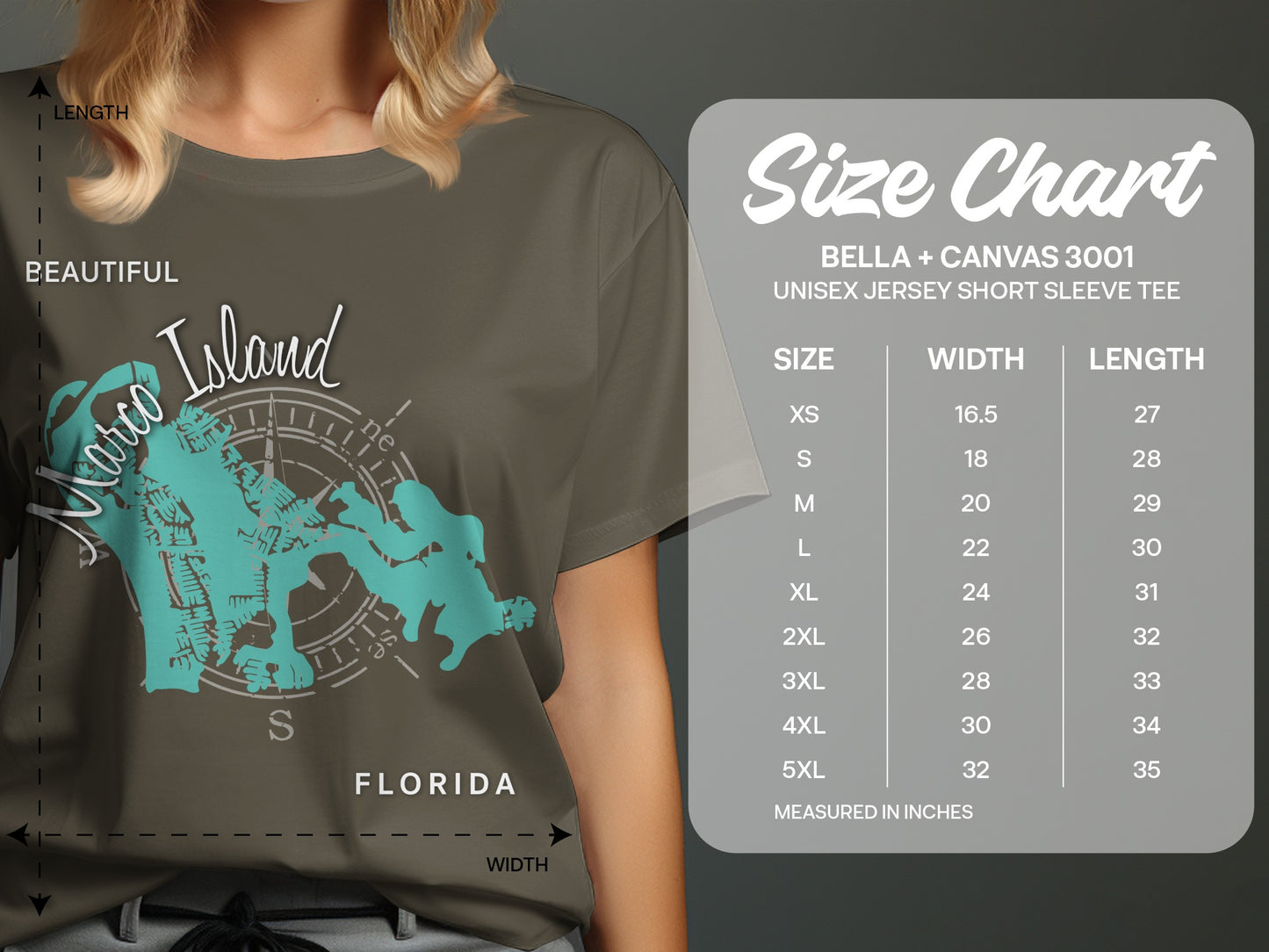 T-shirt size chart with measurements for Bella + Canvas 3001 tee.