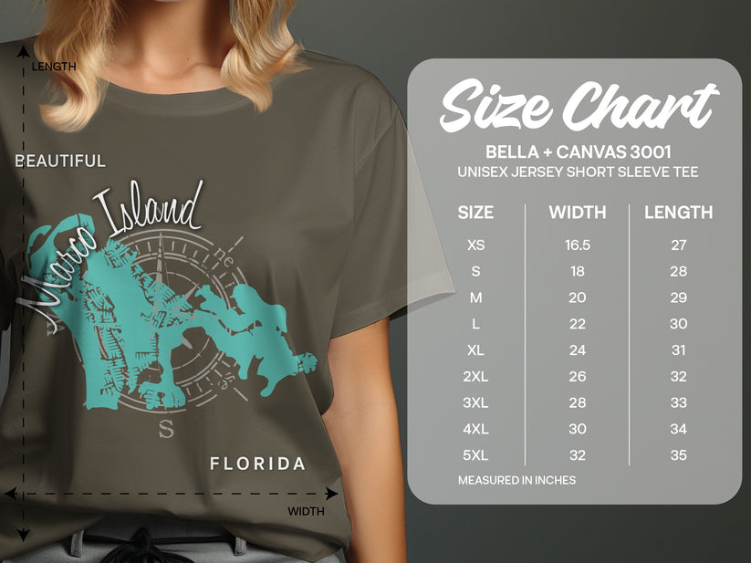 T-shirt size chart with measurements for Bella + Canvas 3001 tee.