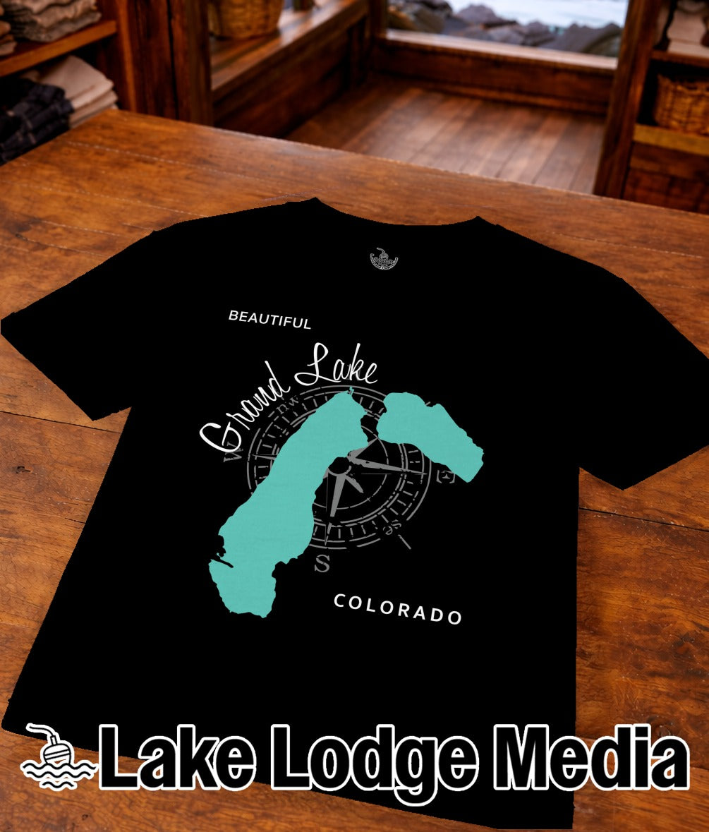 Black t-shirt with Grand Lake, Colorado map and compass design.