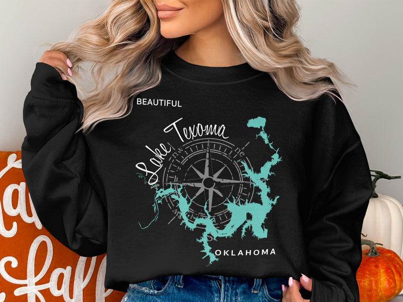 Black sweatshirt with a compass and map of Lake Texoma, Oklahoma.