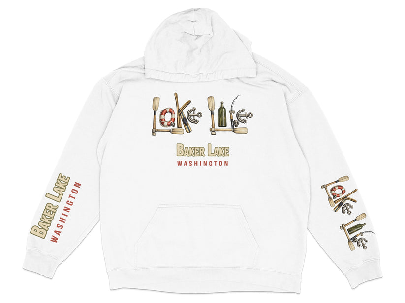 White hoodie with Baker Lake Washington text and paddle graphic.