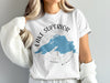 White t-shirt with Lake Superior, Minnesota map and compass design.