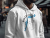 White hoodie with Baker Lake Washington map and compass design graphic.