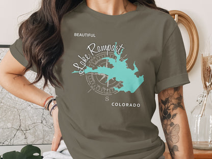 T-shirt with "Lake Rampart Colorado" map and compass design.
