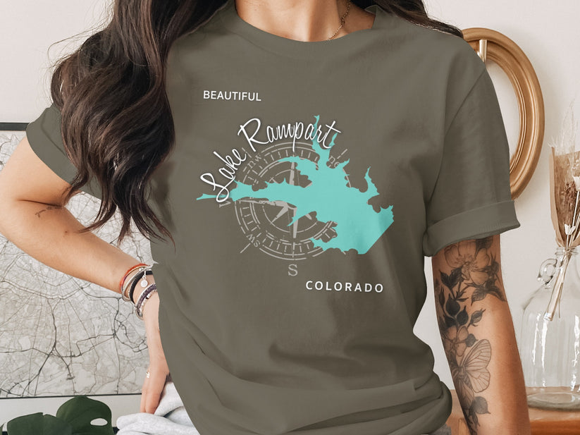 T-shirt with "Lake Rampart Colorado" map and compass design.