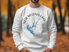 White sweatshirt with "New Melones Lake California" graphic and compass design.