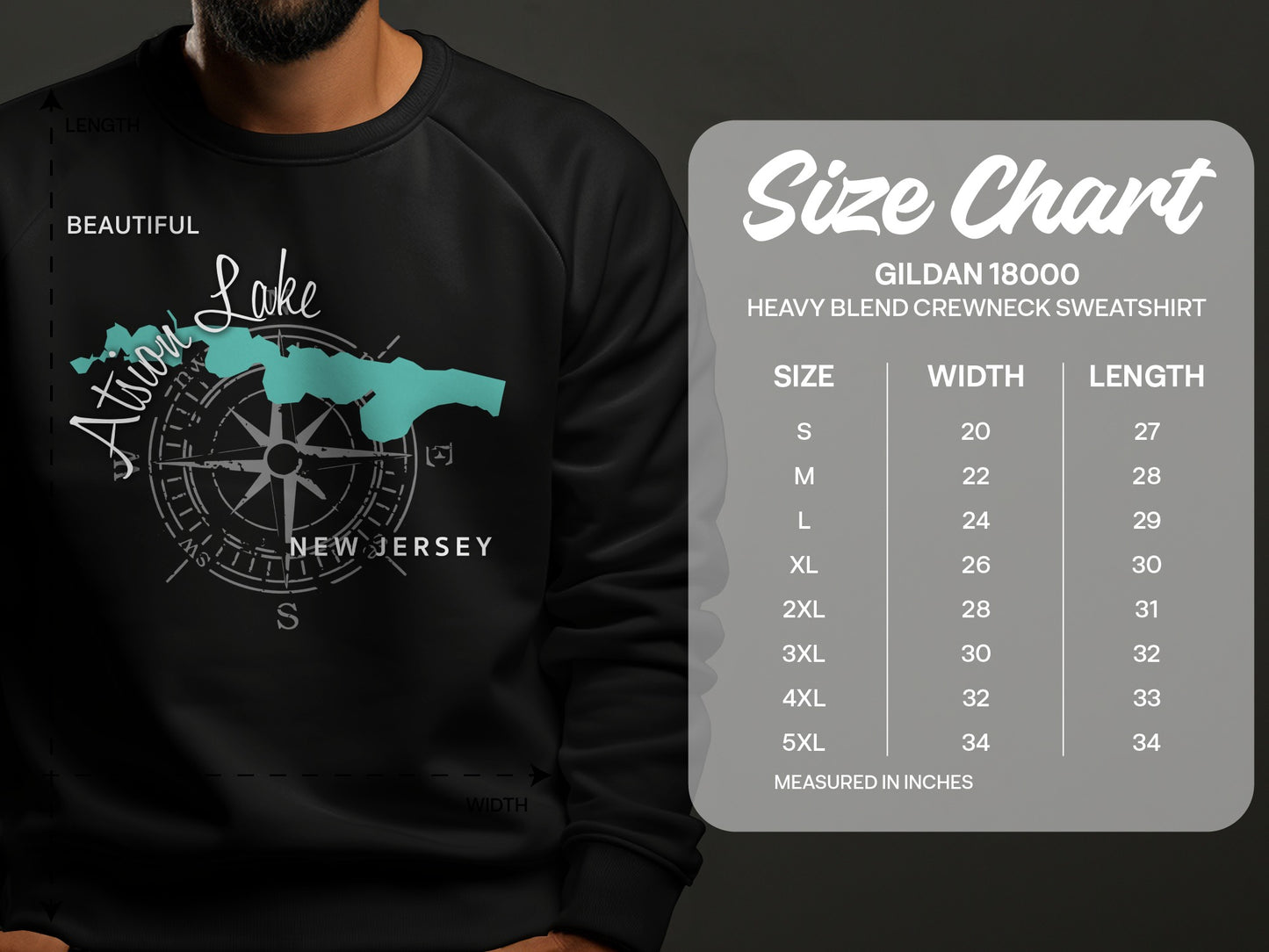 Gildan 18000 sweatshirt size chart with Atsion Lake graphic.