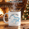 White mug with Keystone Lake Oklahoma map and compass design.