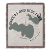 Brooks and Hess Lake Michigan map design on a fringed throw blanket.