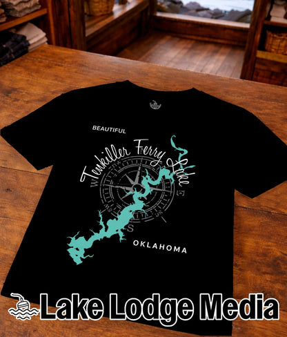 Black t-shirt with "Beautiful Tonkiller Ferry Lake" and Oklahoma map design.