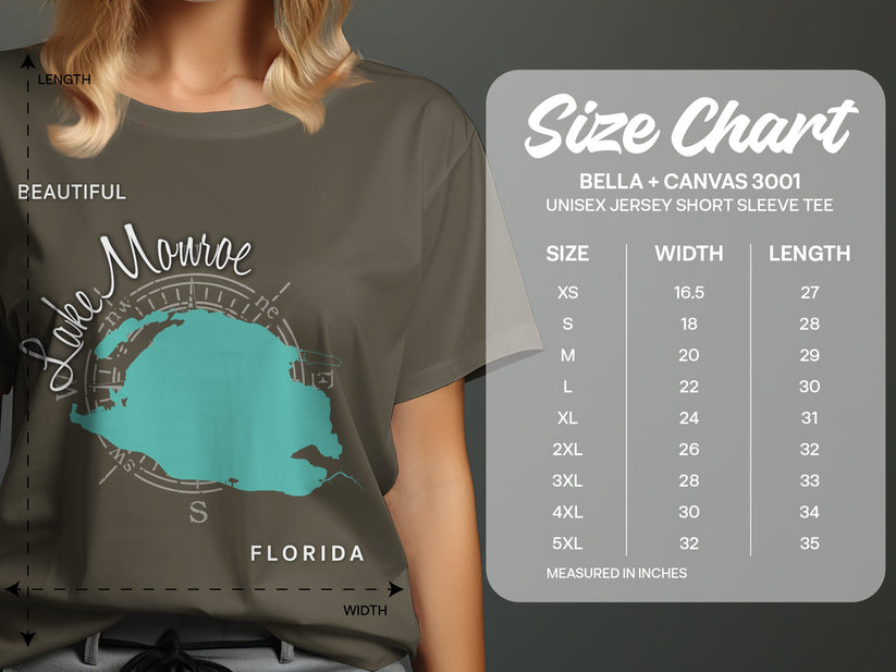 T-shirt size chart for Bella + Canvas 3001 unisex tee showing measurements in inches.