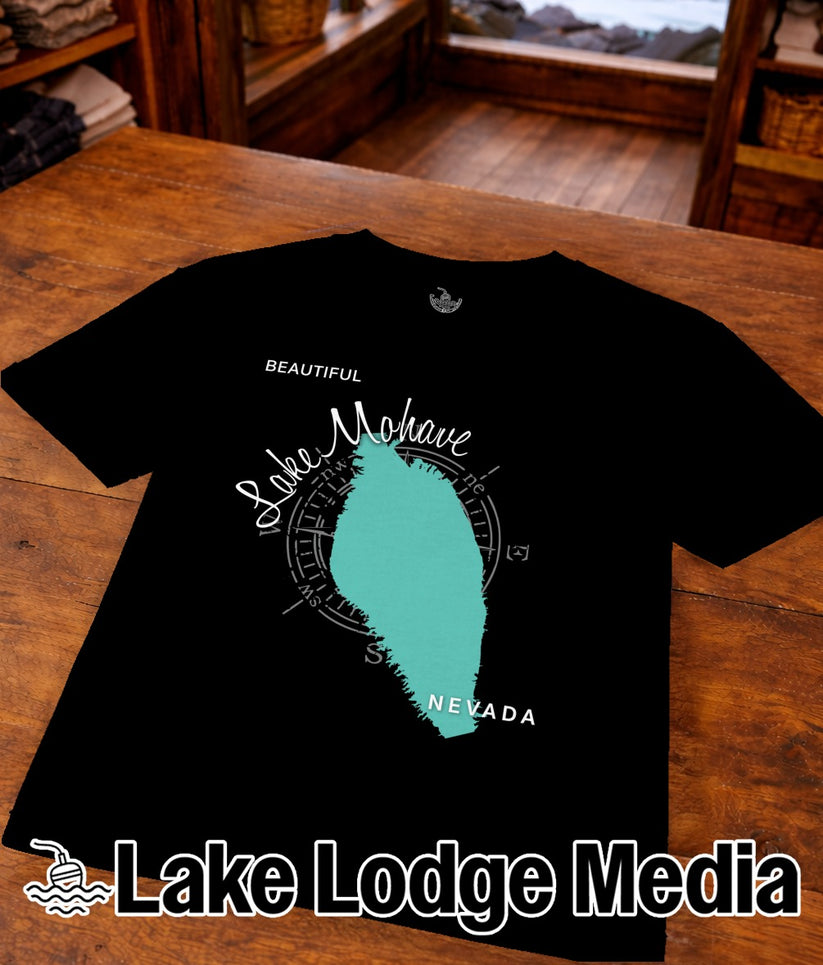Black t-shirt with "Beautiful Lake Mojave Nevada" map graphic.