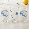 Three clear glasses with blue map outlines of Lake Cachuma and "Lake Cachuma California" text.