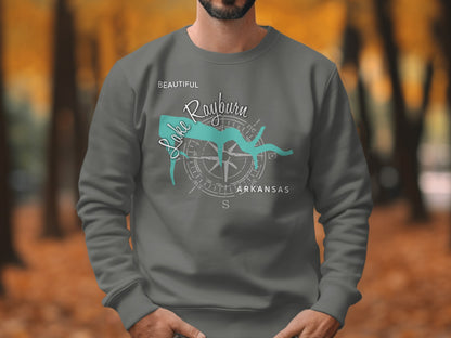 Gray sweatshirt with "Beautiful Lake Rayburn Arkansas" and compass graphic.