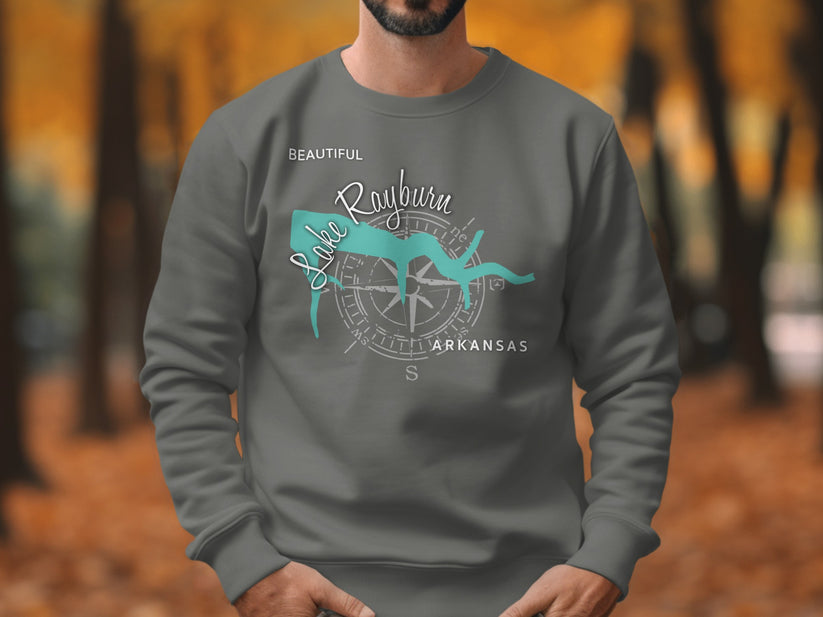 Gray sweatshirt with "Beautiful Lake Rayburn Arkansas" and compass graphic.