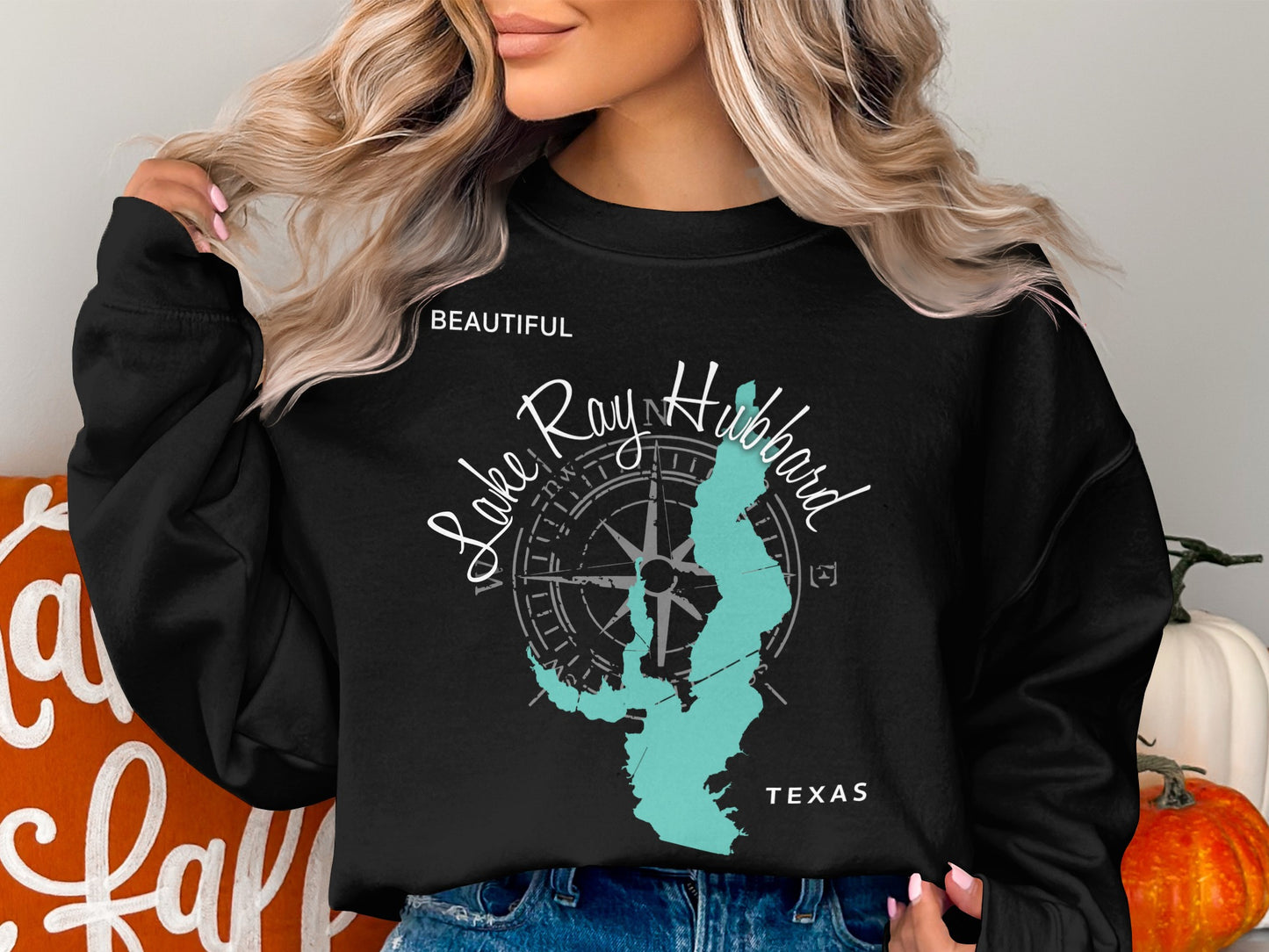 Black sweatshirt with "Lake Ray Hubbard Texas" and compass design.